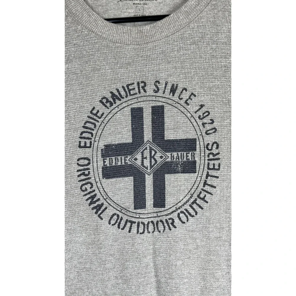 Eddie‎ Bauer Sweater Mens Large Gray Waffle Knit Thermal Crewneck Graphic Logo - Picture 2 of 7